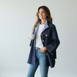 NEW Chico’s “Elise” Button Front Denim Cape with Contrast Stripe OSFM